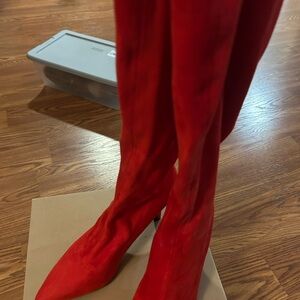 Red over- the-kee suede boots